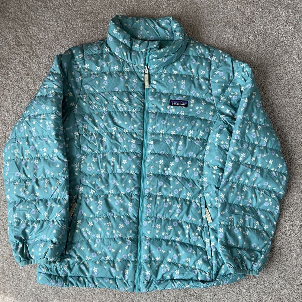 Patagonia Down Sweater Girls Large 14 Green Puffer Jacket Floral Print Outdoors